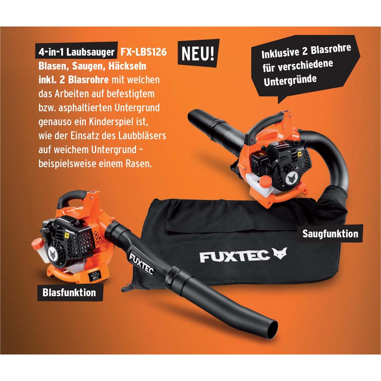 FUXTEC FX-LBS126 4 en 1: aspirador de hojas, soplador de hojas, triturador de hojas, incluye dos tubos sopladores.