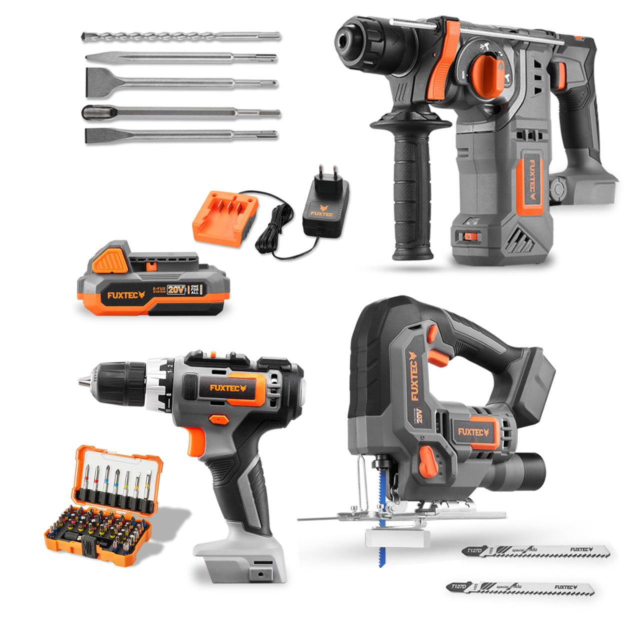 20V Akku PowerTool-Bundle mit Stichsäge, Akkuschrauber & Bohrhammer