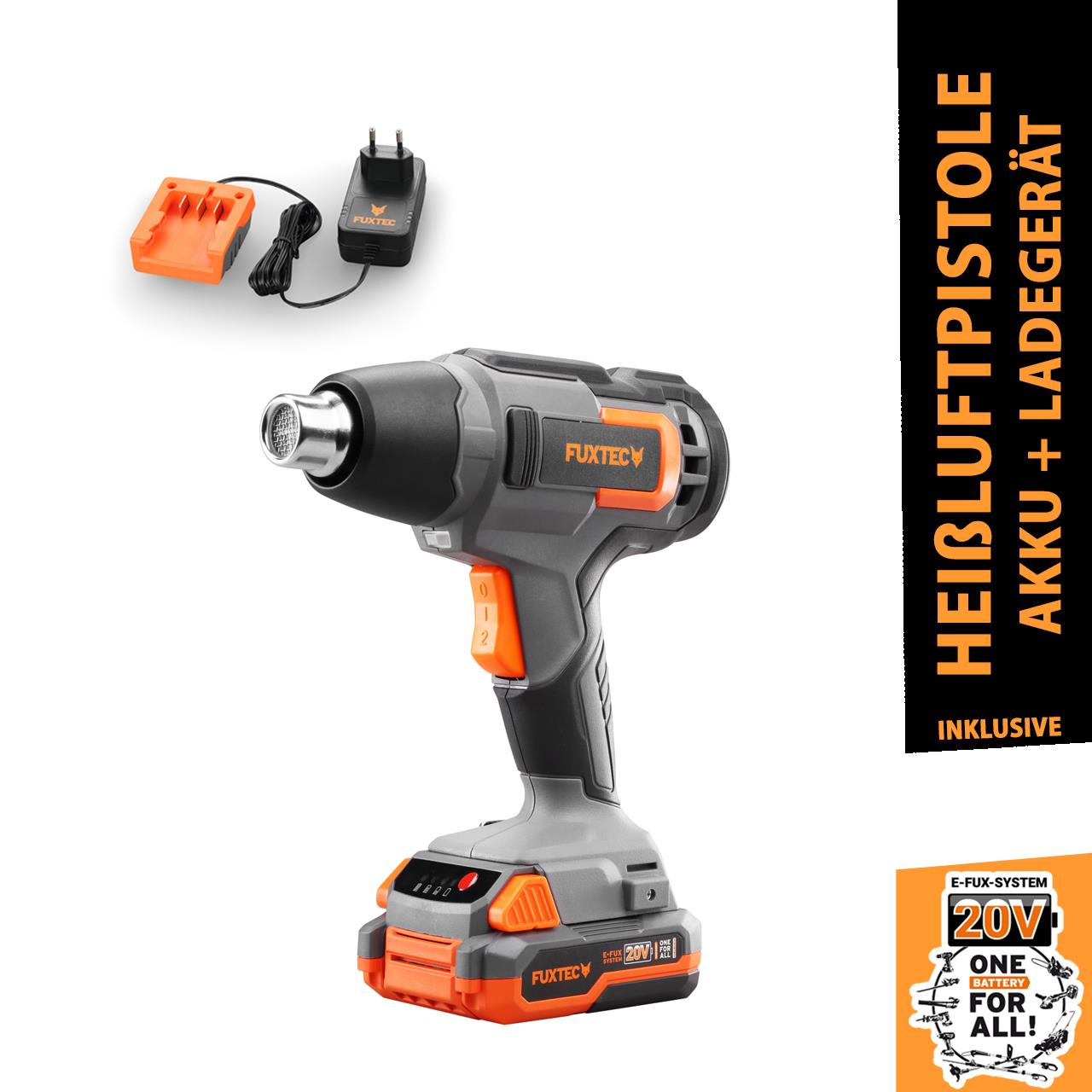 Pistola térmica a batería FUXTEC FX-E1HLP20 20V - con batería de 2.0 Ah y cargador de 1A, hasta 550°C