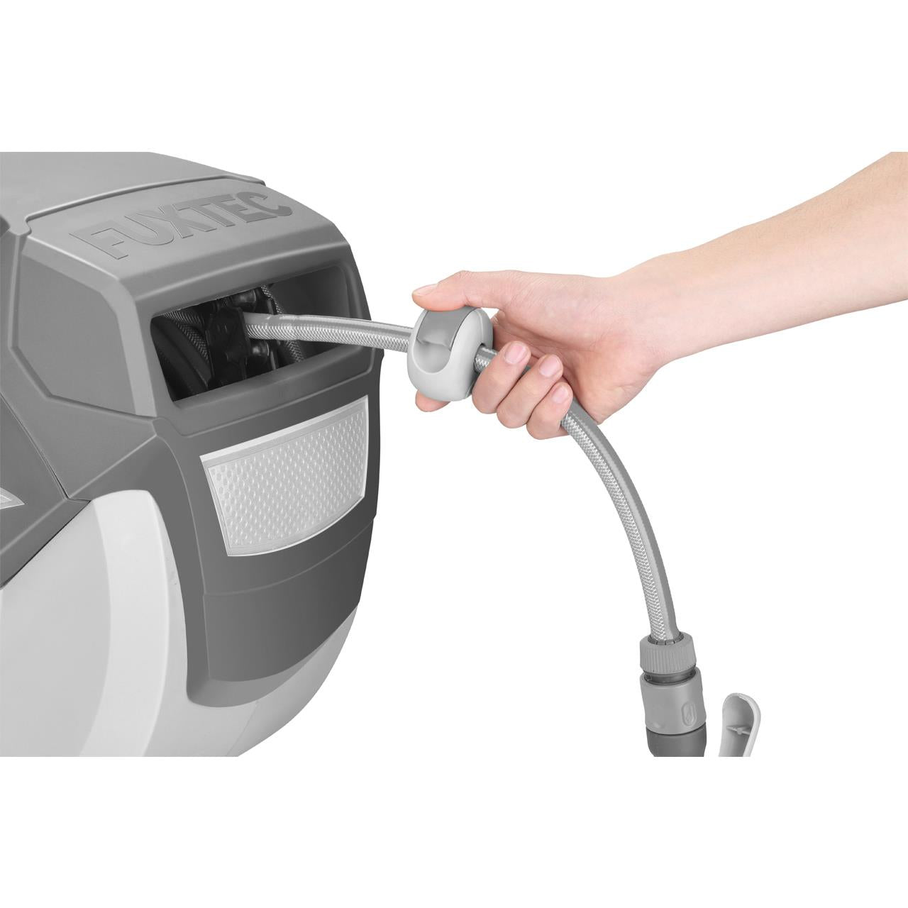 Carrete automático de manguera para pared FUXTEC FX-WSA20 de 20 m con "EASY FIX" para facilitar el riego - Gris