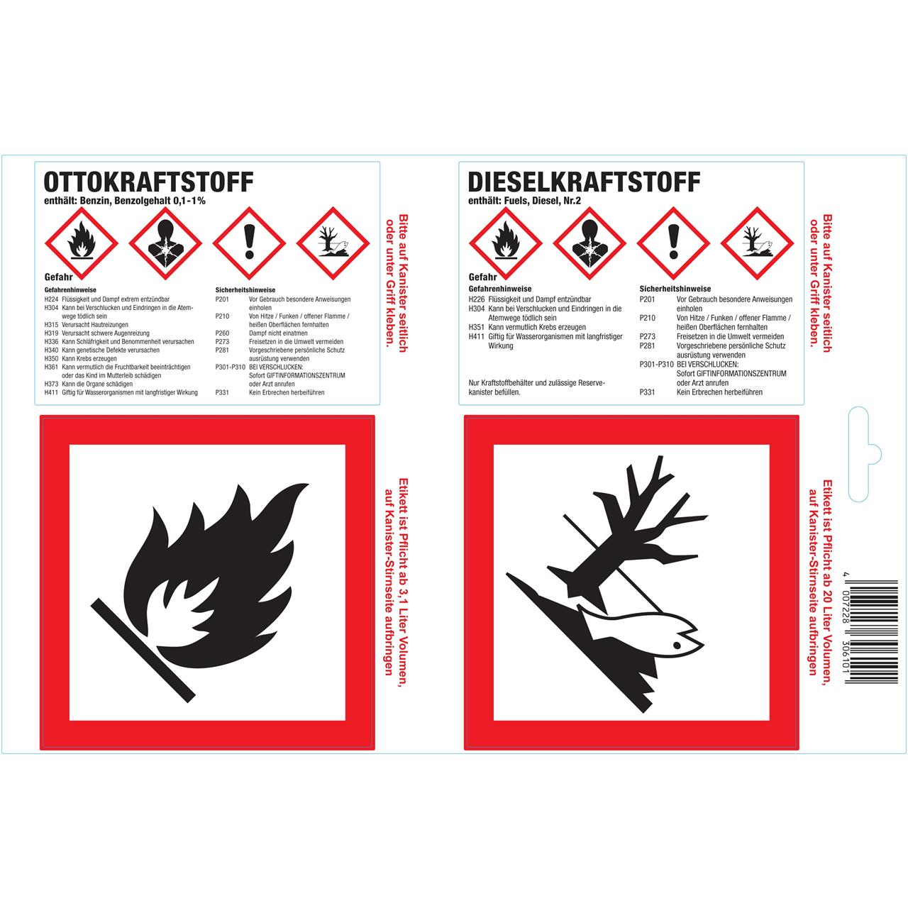 Hoja de 4 etiquetas adhesivas para gasolina/gasóleo